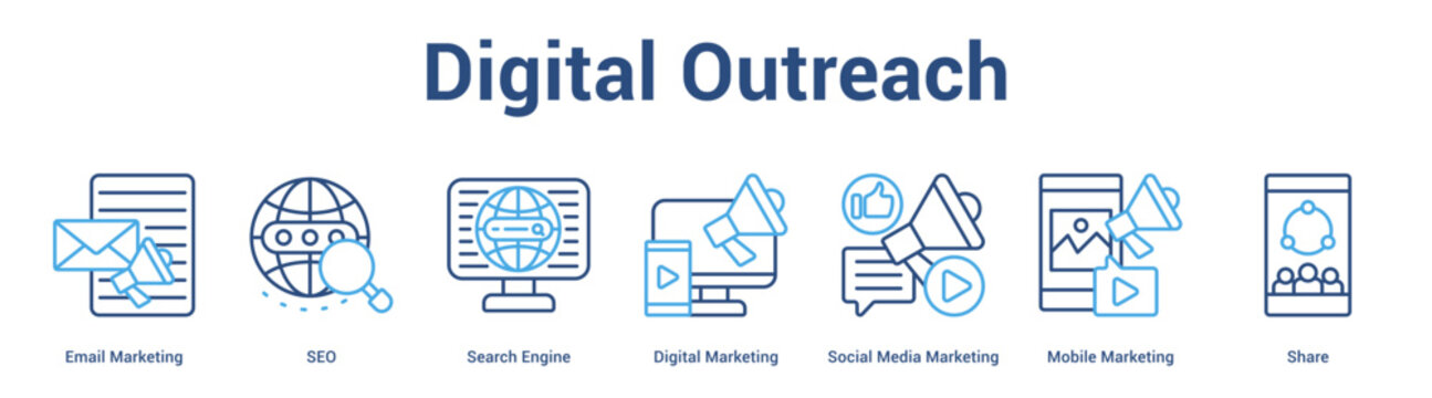 Digital Outreach web banner icon set vector illustration concept for business with icon of Email Marketing, SEO, Search Engine, Digital Marketing, Social Media Marketing, Mob.