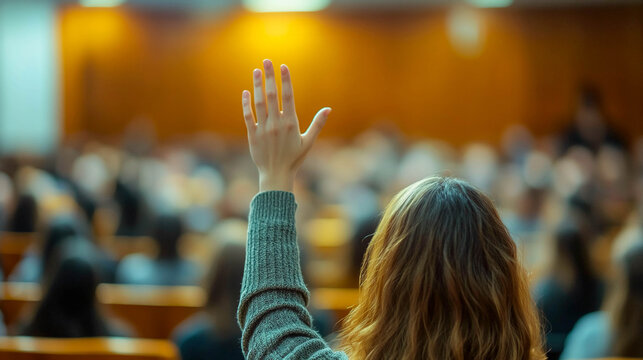 A student raises her hand in a crowded lecture hall, wanting to ask a question or answer one. Education concept, active participation, learning, seminar.