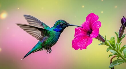 Fototapeta premium Vibrant hummingbird sips nectar from a bright pink flower in flight with green and blue feathers.