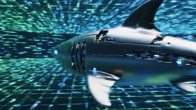 Metallic shark with glowing eyes in blue grid waters