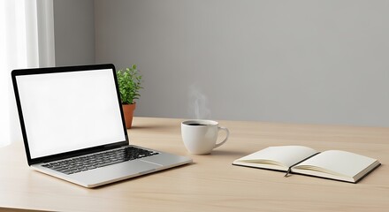 Naklejka premium Minimal Scandinavian desk with laptop black coffee and blank notebook, clean professional aesthetic