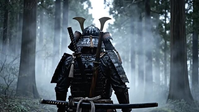 Samurai warrior in traditional armor stands in a mystical misty forest