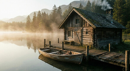 Obraz premium Rustic wooden cabin and rowboat on misty lake at sunrise