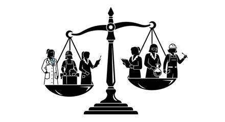 A modern vector illustration of a scale balancing various professionals and a doctor on a white background, symbolizing equality and empowerment.