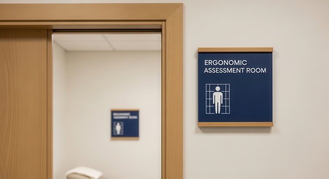 Ergonomic Assessment Room Signage Displayed on a White Wall Near a Wooden Doorway