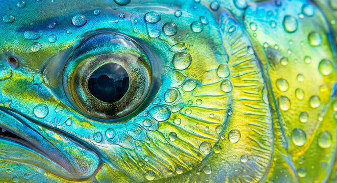 Close up macro of colorful mahi mahi fish eye and wet scales