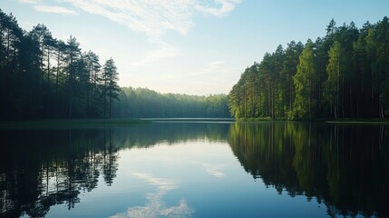 Fototapeta premium Calm lake landscape with trees on horizon