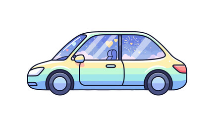 Obraz premium Colorful cartoon car with a dreamy celestial sky reflection.