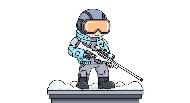 Futuristic cartoon sniper character in winter combat gear with rifle.