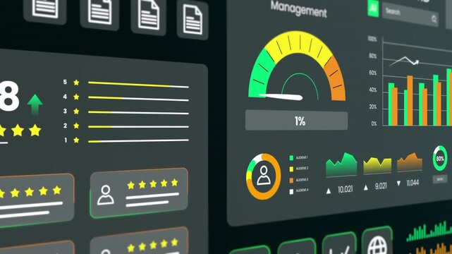 Detailed digital interface showcasing customer rating stars alongside various user feedback and business engagement modules.