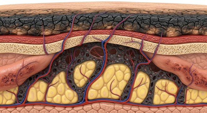 Detailed cross section of human skin layers showing epidermis dermis blood vessels and fat tissue