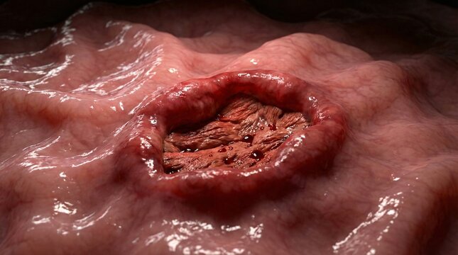 Close up view of a stomach ulcer with visible tissue and blood droplets