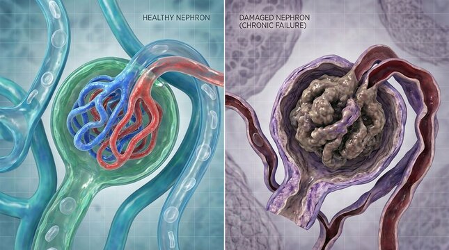 Comparison of a healthy nephron and a damaged nephron showing chronic kidney failure