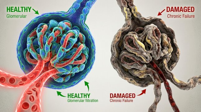 Comparison of healthy glomerular filtration and damaged glomerulus in chronic kidney failure