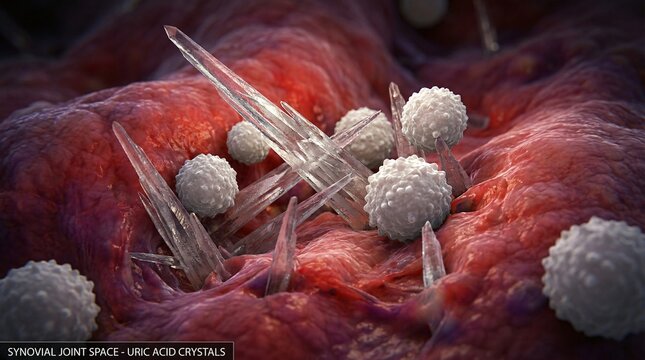 Microscopic view of urate crystals forming within the synovial joint space alongside white blood cells