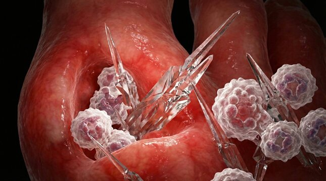 Close up microscopic view of urate crystals forming within inflamed bodily tissue surrounded by white blood cells