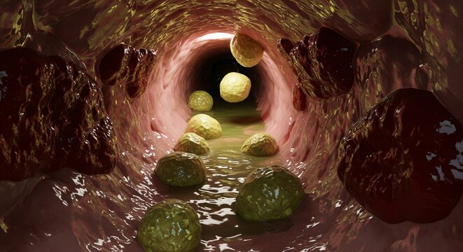 Detailed 3D rendering of a digestive tract lumen with undigested food matter and stool