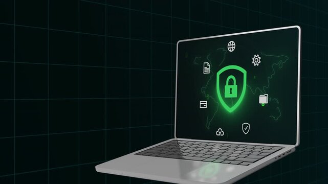 High angle view of a laptop displaying a professional cyber defense dashboard with a central protective green shield.