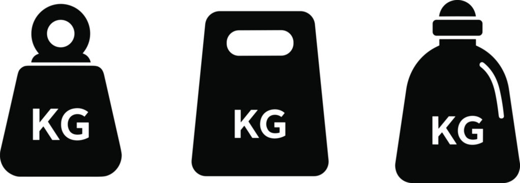 Set of black flat weight icons with KG text for mass measurement, heavy load symbols, and industrial scale equipment vector.