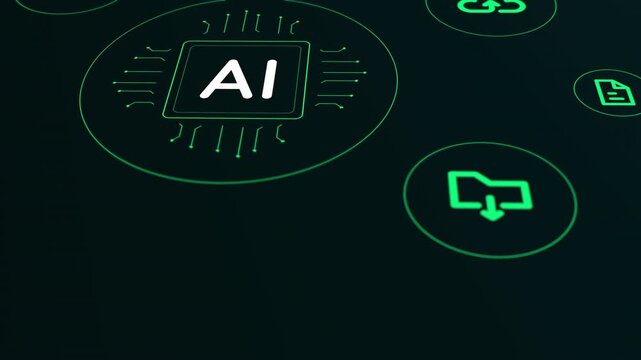 Close up of a digital interface featuring an AI processor icon alongside secure data nodes and protective symbols.