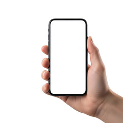 Close up of a hand holding a smartphone with a blank screen. isolated on transparent background