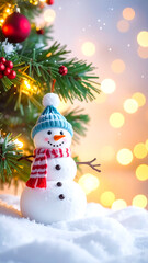 Happy snowman by festive pine. Red ornament & string lights glow warmly behind. Snow foreground