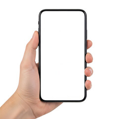 A hand holding a smartphone with a blank screen, ready for use. isolated on transparent background