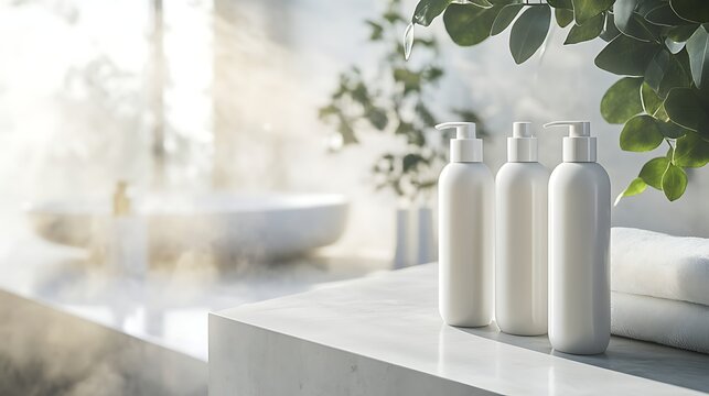elegant shampoo and conditioner display in minimal spa environment