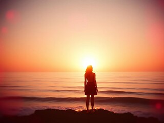 Obraz premium Sun-kissed horizon dreams, a solitary silhouette embraces oceanic whispers, space, golden hour