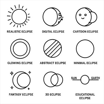 Collection of eclipse icons: realistic, digital, fantasy, abstract, minimal, educational