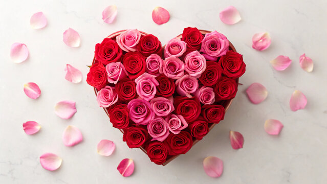 Roses arranged in heart shape with pink and red flowers on white surface at indoor setting