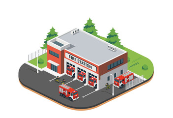 Isometric fire station building with trucks and firefighters. Illustration. Object isolated on white background.