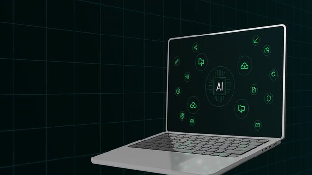 High angle view of a laptop displaying professional AI research data, including neural circuits and logic modules.