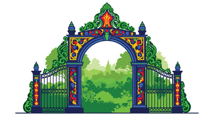 An ornate colorful gate stands open to a lush green garden scene © Tm Studio