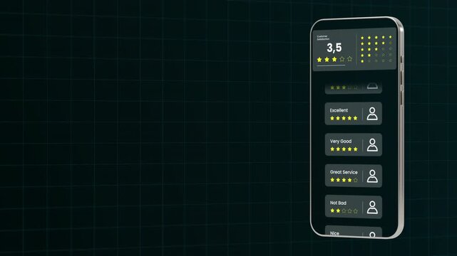 Mobile device interface showcasing a vertical customer satisfaction dashboard with a 5.0 star rating and user logs.