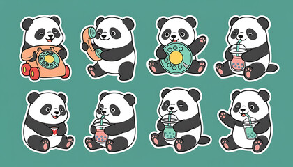 Obraz premium Adorable Collection of Playful Panda Character Stickers Engaged in Various Fun Activities and Poses, Perfect for Charming Designs and Digital Decorations