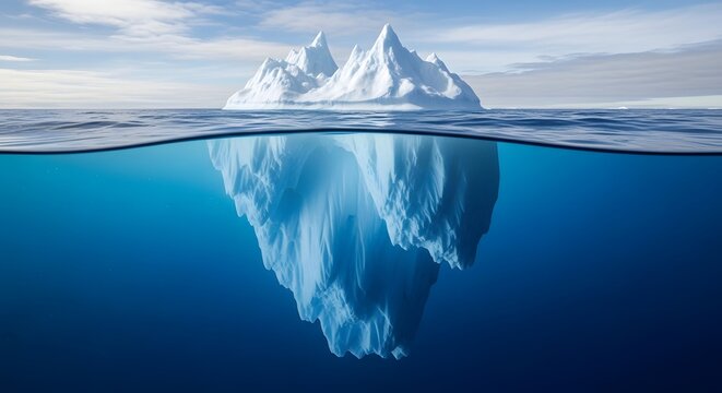 Majestic iceberg floating in the vast blue ocean with a clear view beneath the water