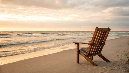 Fototapeta premium Wooden chair sits alone on the shore at sunset with waves gently lapping the beach and clouds in the sky