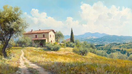 Peaceful rural countryside landscape with rolling fields, farmhouses, and natural scenic views under clear sky