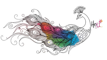 High-quality black continuous line art of peacock feathers blending into Holi powder clouds, elegant cultural fusion illustration