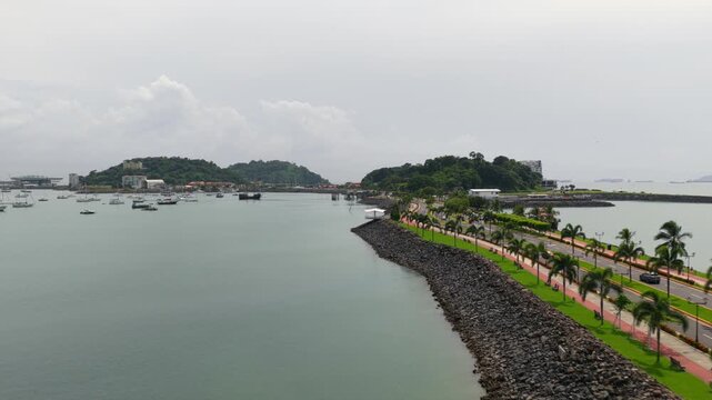 Amador Causeway Avenue Overlooking Flamenco Island and Perico Island In Panama City, Panama. Aerial Shot