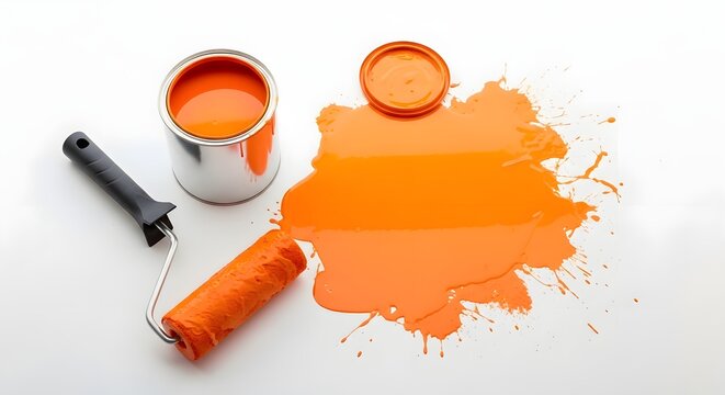A paint roller and spilled paint on a white surface with a brush and paint can.