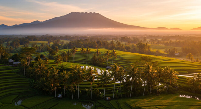 Aerial view of lush green rice fields and trees at sunrise in Indonesia with majestic mountains in the background