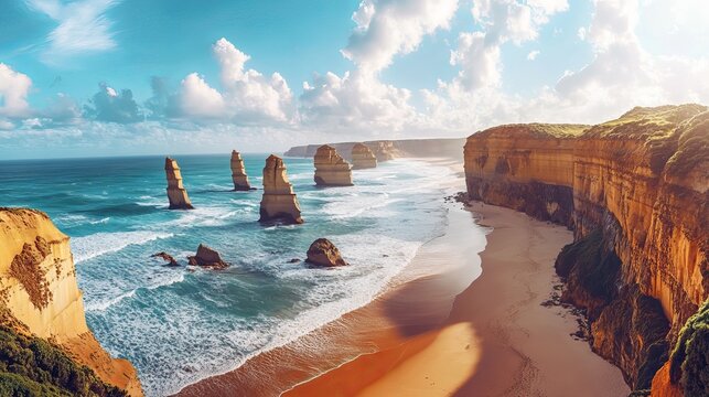 Panoramic twelve apostles coastal view, great ocean road australia
