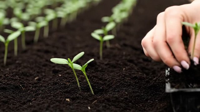 Close-Up of Hand Planting Seedlings in Soil Rows &ndash; Agriculture, Gardening & Sustainable Farming Concept
