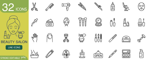 Minimal linear icon set depicting beauty salon essentials plus makeup cosmetic tools. Vector outline symbol collection features graphic illustration style suitable for spa web interface design