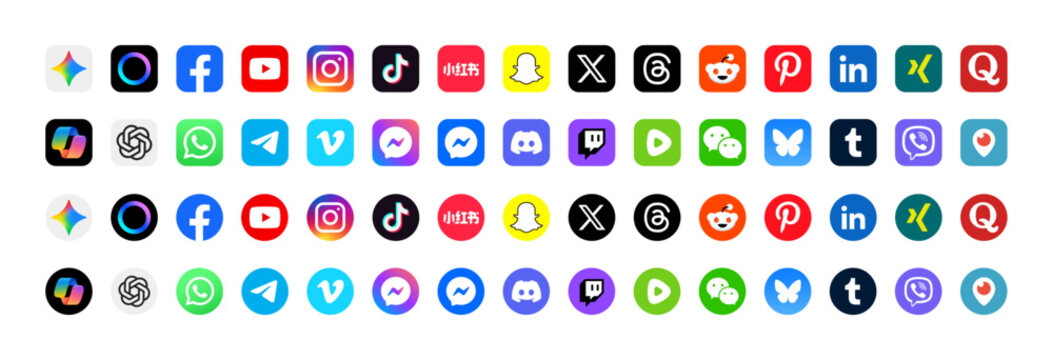 2026 New colorful square round social media logo icons pack collection for web and mobile ui design branding pack facebook, instagram, YouTube, whatsapp, reddit, x, Twitter
