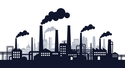 Industrial cityscape with multiple smokestacks emitting dark pollution plumes © Tm Studio