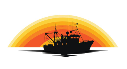 Silhouette of a fishing boat against a vibrant sunset over water
