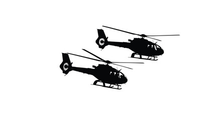 Two black silhouette helicopters flying against a plain white background © Tm Studio